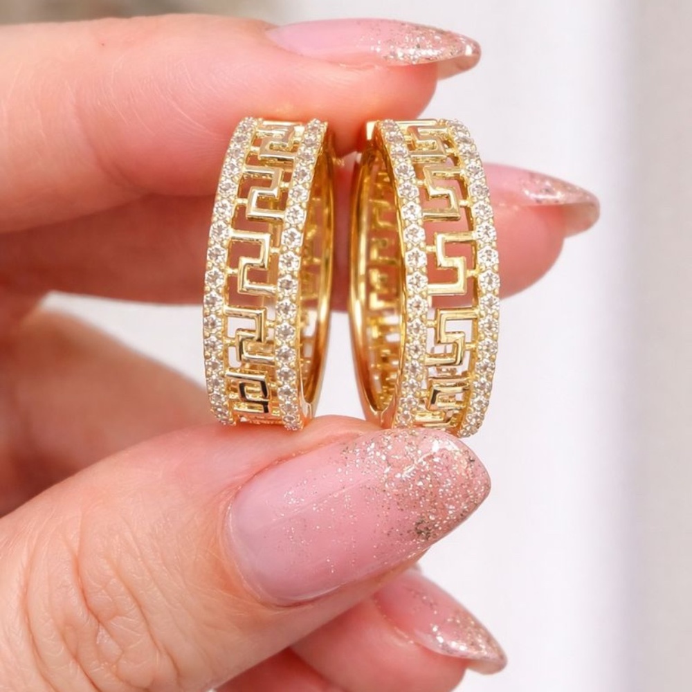 14k gold earrings hoop with pave stones on sides, greek inspired design